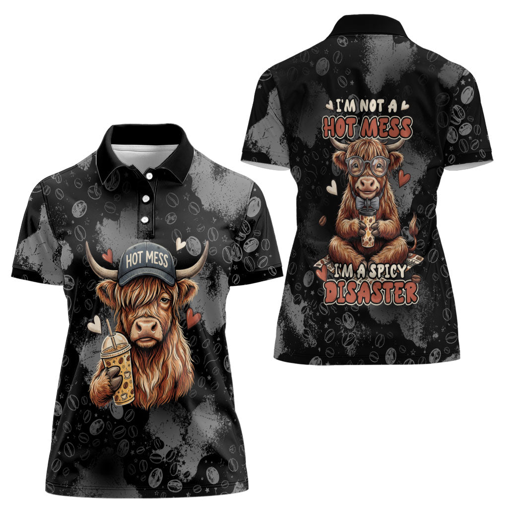 Hot Mess Highland Cow Women Polo Shirt Funny Cute Coffee Lover - Im A Spicy Disaster