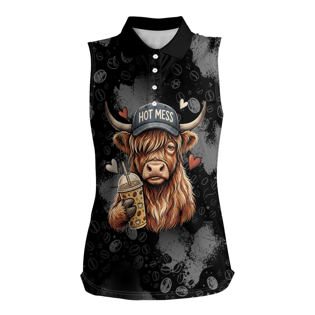 Hot Mess Highland Cow Women Sleeveless Polo Shirt Funny Cute Coffee Lover - Im A Spicy Disaster