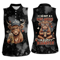 Hot Mess Highland Cow Women Sleeveless Polo Shirt Funny Cute Coffee Lover - Im A Spicy Disaster