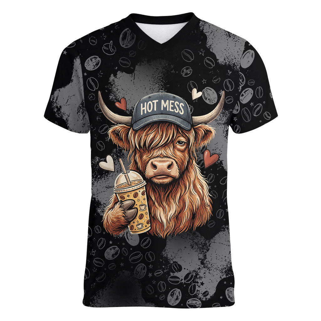 Hot Mess Highland Cow Women V-Neck T-Shirt Funny Cute Coffee Lover - Im A Spicy Disaster