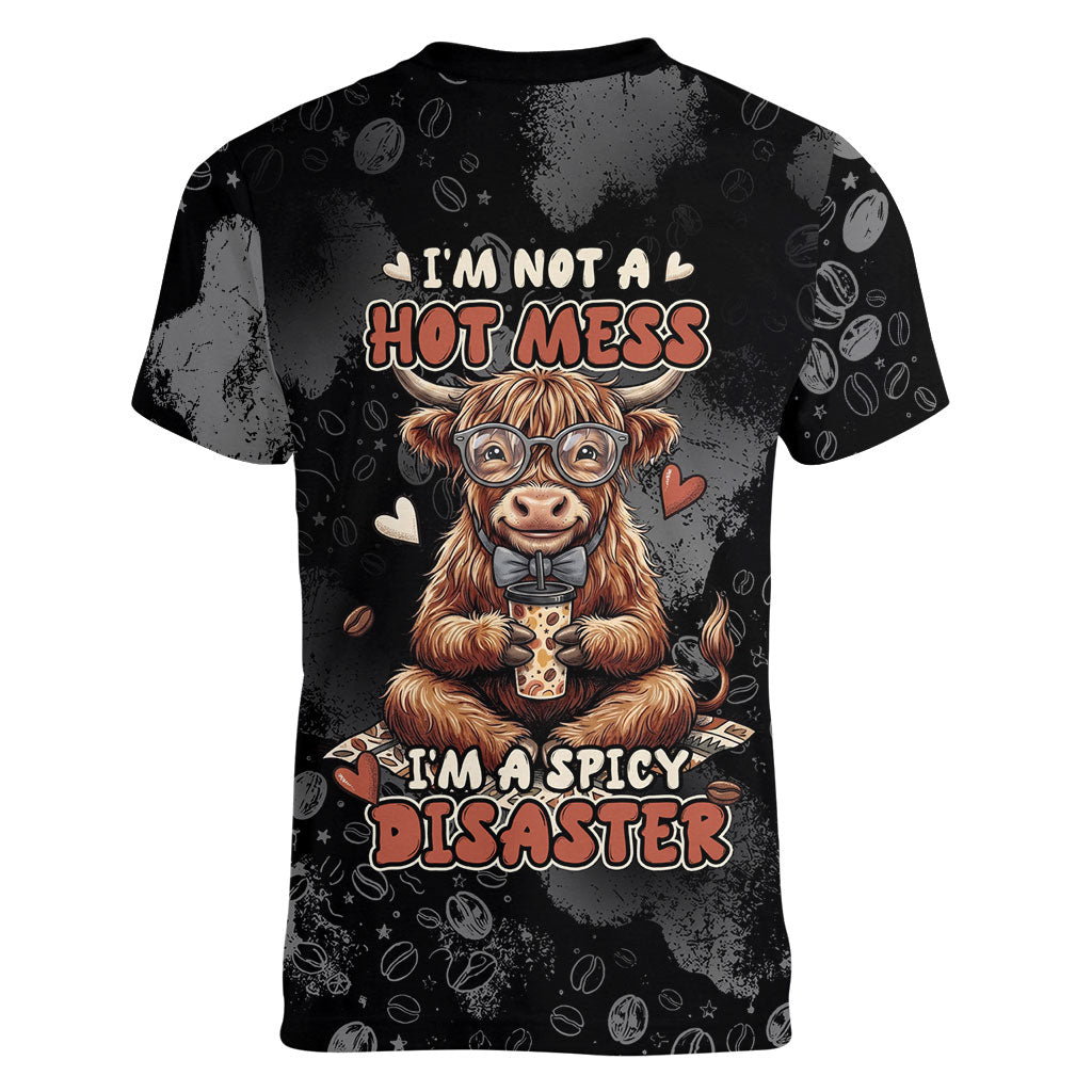 Hot Mess Highland Cow Women V-Neck T-Shirt Funny Cute Coffee Lover - Im A Spicy Disaster