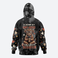 Hot Mess Highland Cow Zip Hoodie Funny Cute Coffee Lover - Im A Spicy Disaster