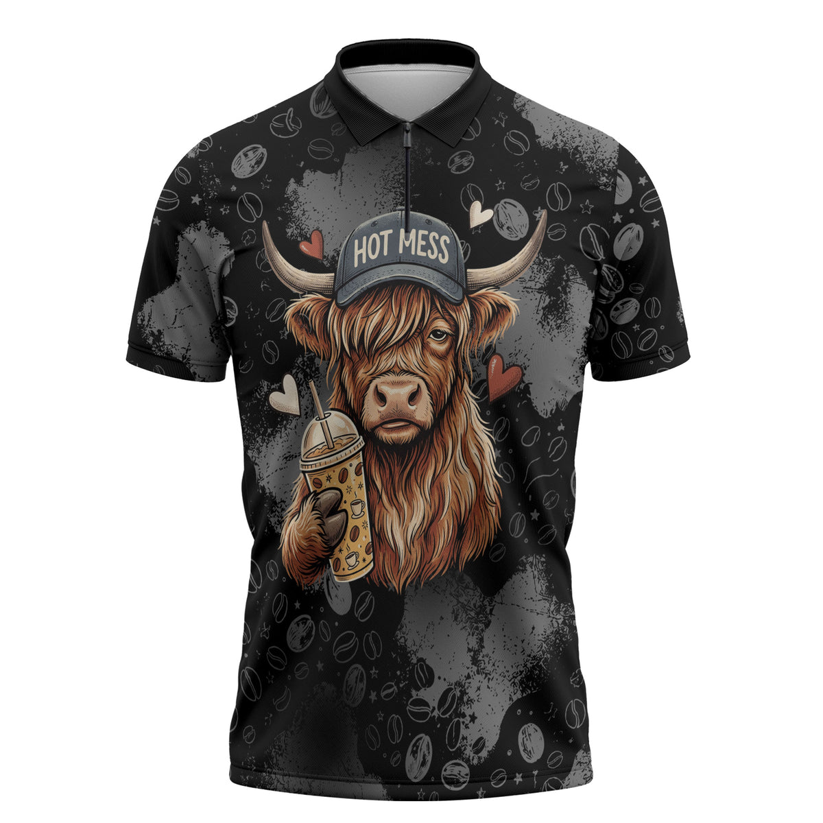 Hot Mess Highland Cow Zipper Polo Shirt Funny Cute Coffee Lover - Im A Spicy Disaster