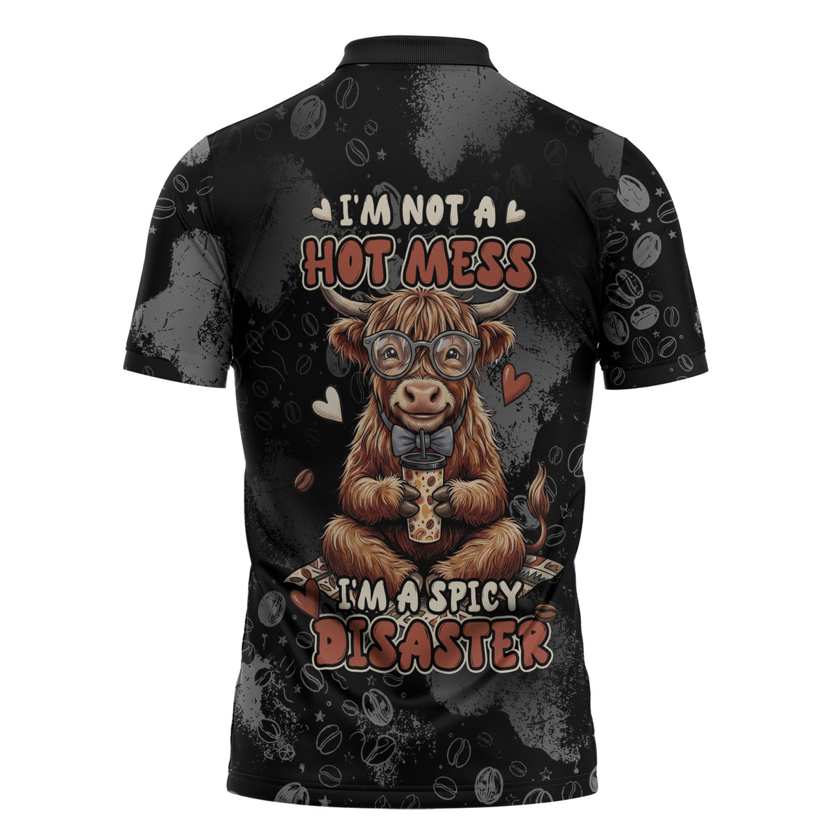 Hot Mess Highland Cow Zipper Polo Shirt Funny Cute Coffee Lover - Im A Spicy Disaster