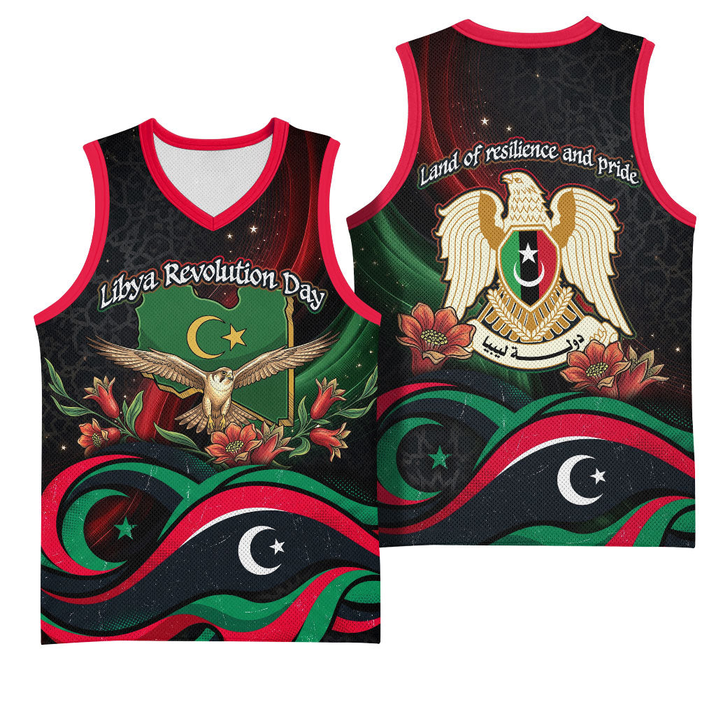Libya Revolution Day Basketball Jersey Flying Eagle Libyan Coat Of Arms Map - Land Of Resilience And Pride