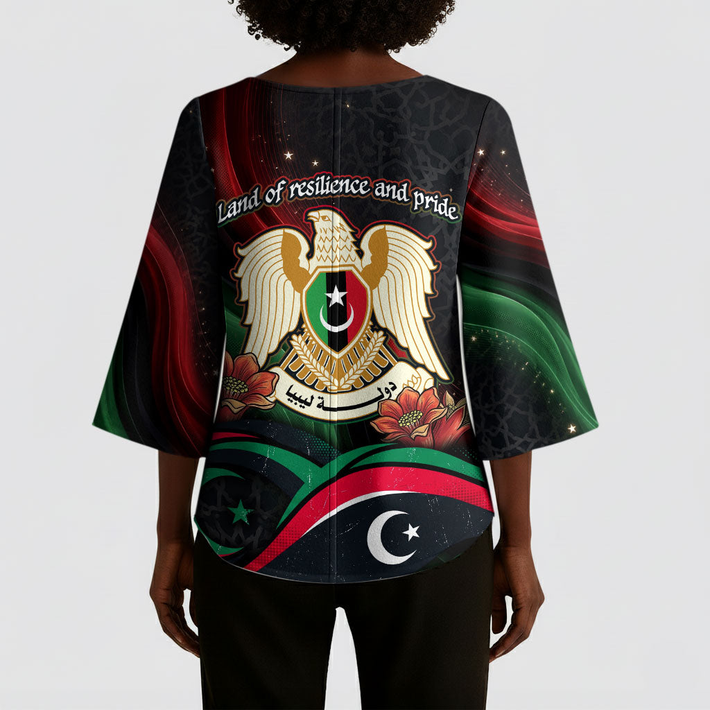 Libya Revolution Day Kimono Sleeve Blouse Flying Eagle Libyan Coat Of Arms Map - Land Of Resilience And Pride