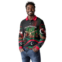 Libya Revolution Day Long Sleeve Polo Shirt Flying Eagle Libyan Coat Of Arms Map - Land Of Resilience And Pride