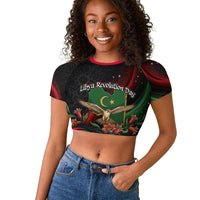 Libya Revolution Day Raglan Cropped T shirt Flying Eagle Libyan Coat Of Arms Map - Land Of Resilience And Pride