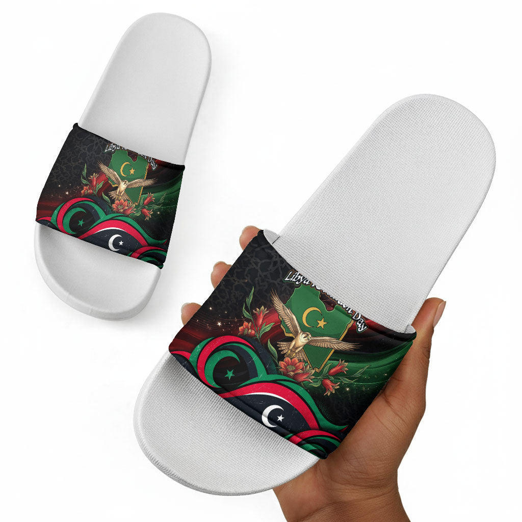 Libya Revolution Day Slide Sandals Flying Eagle Libyan Coat Of Arms Map - Land Of Resilience And Pride