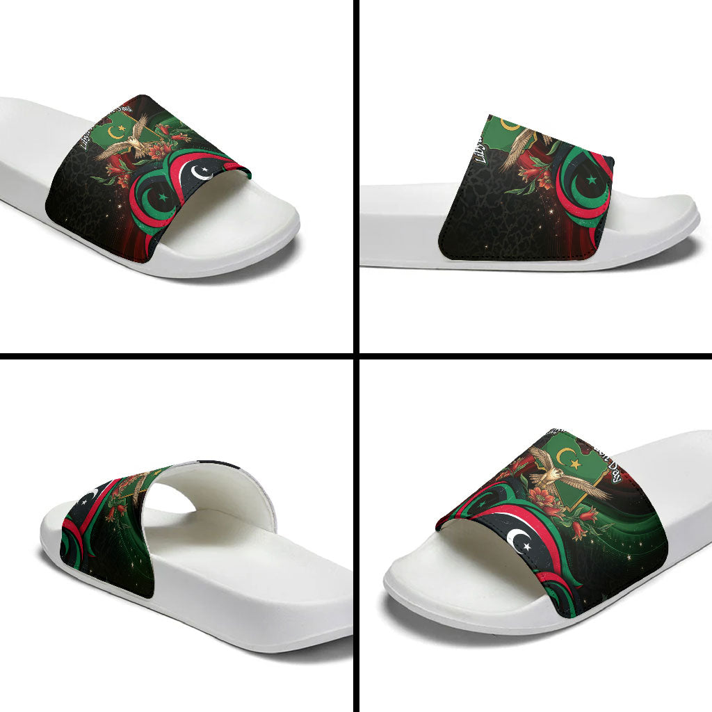 Libya Revolution Day Slide Sandals Flying Eagle Libyan Coat Of Arms Map - Land Of Resilience And Pride