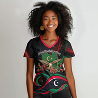 Libya Revolution Day Women V-Neck T-Shirt Flying Eagle Libyan Coat Of Arms Map - Land Of Resilience And Pride