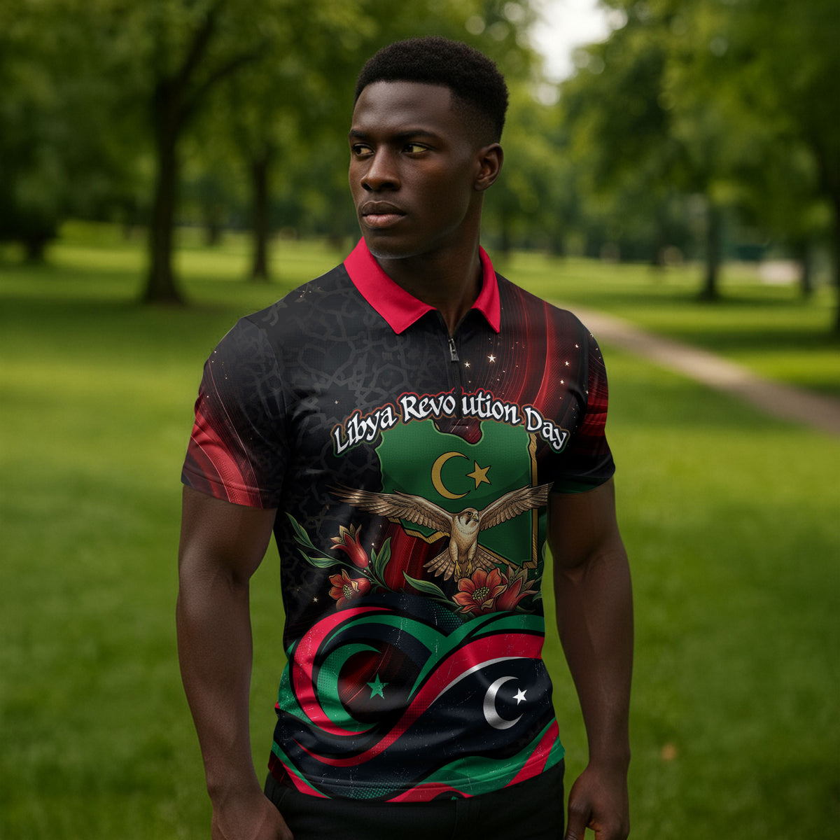 Libya Revolution Day Zipper Polo Shirt Flying Eagle Libyan Coat Of Arms Map - Land Of Resilience And Pride
