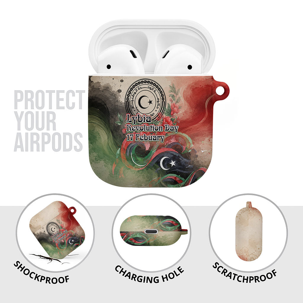 Libya Revolution Day AirPods Case Libyan National Pride Watercolor Flag Waves Floral