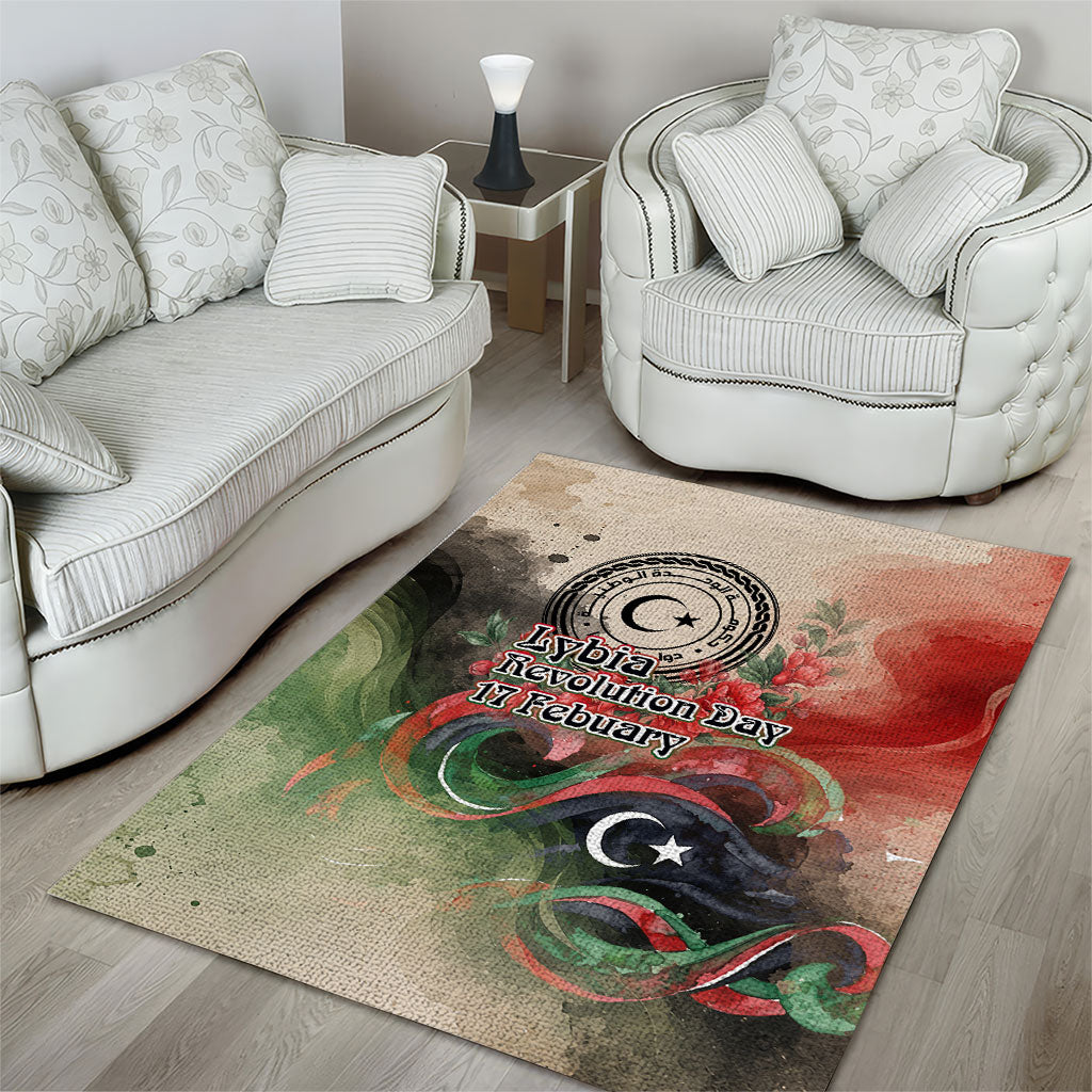 Libya Revolution Day Area Rug Libyan National Pride Watercolor Flag Waves Floral