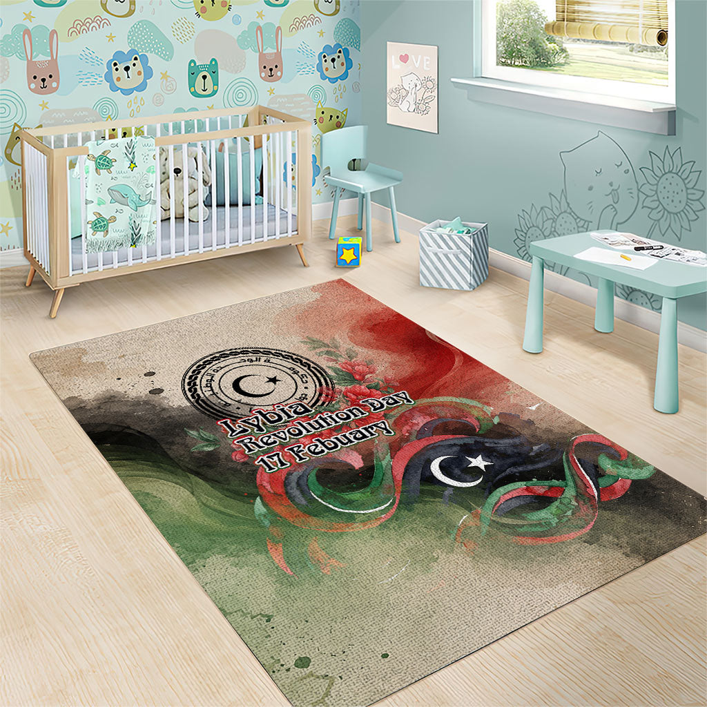 Libya Revolution Day Area Rug Libyan National Pride Watercolor Flag Waves Floral