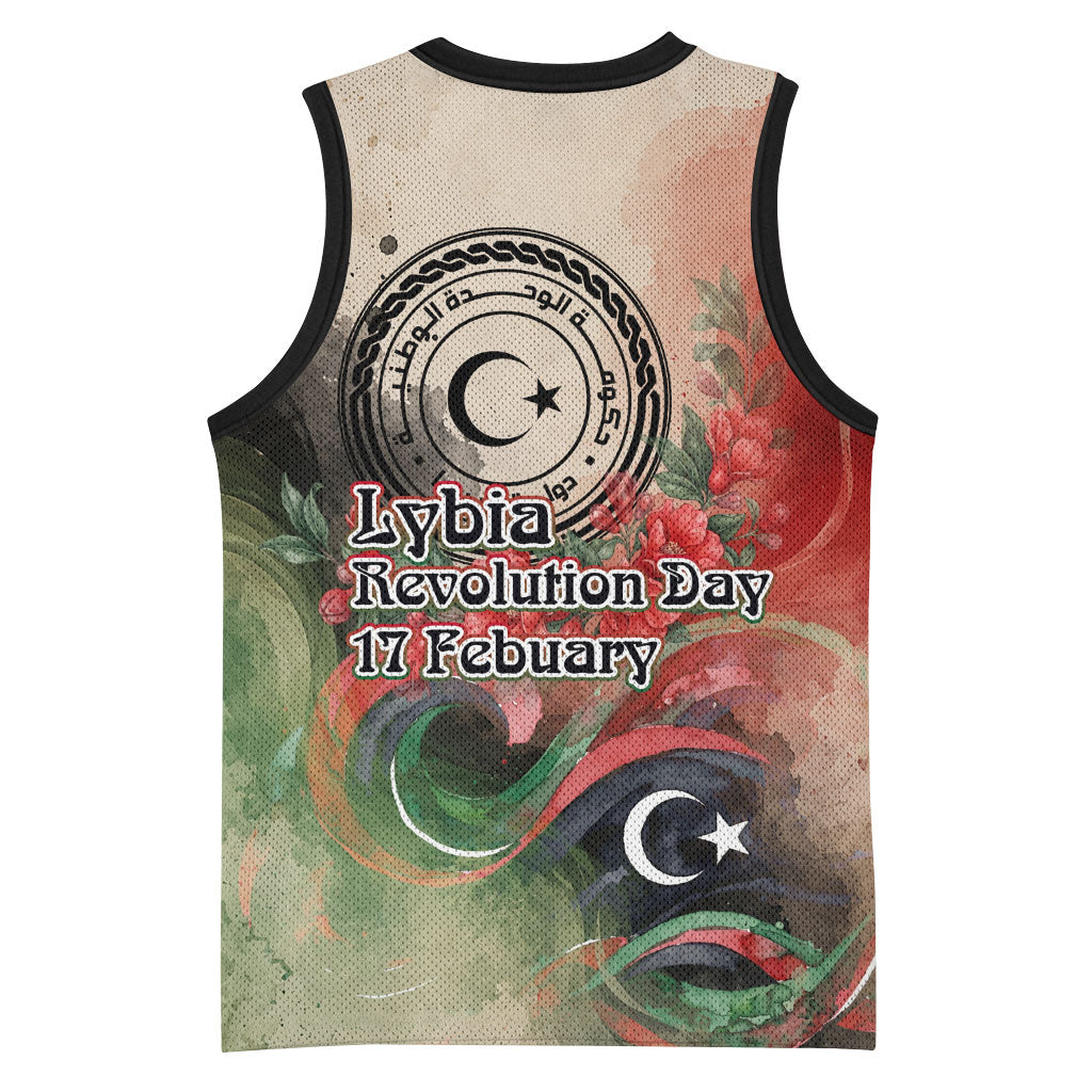 Libya Revolution Day Basketball Jersey Libyan National Pride Watercolor Flag Waves Floral