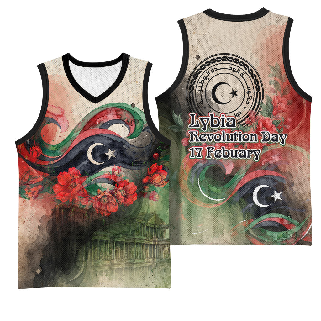 Libya Revolution Day Basketball Jersey Libyan National Pride Watercolor Flag Waves Floral