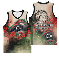 Libya Revolution Day Basketball Jersey Libyan National Pride Watercolor Flag Waves Floral