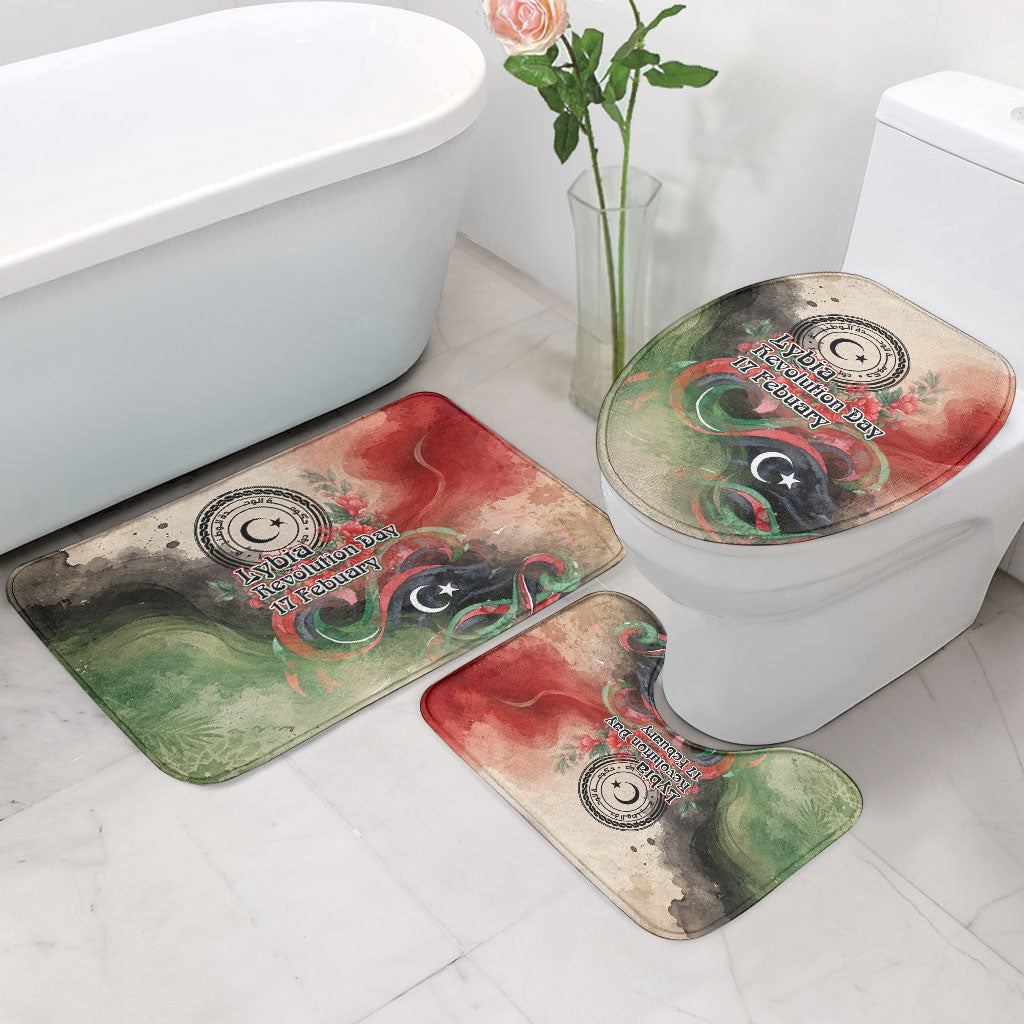 Libya Revolution Day Bathroom Set Libyan National Pride Watercolor Flag Waves Floral