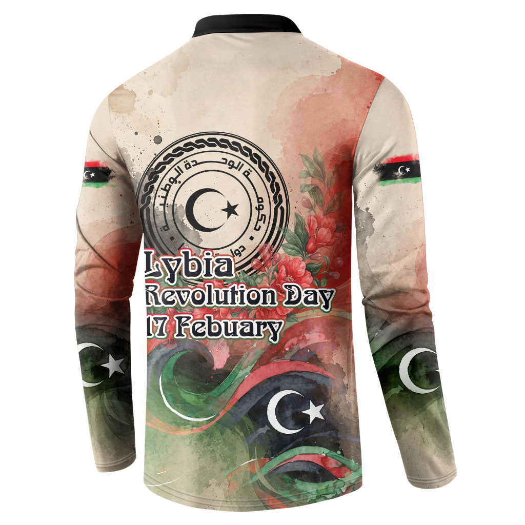 Libya Revolution Day Button Sweatshirt Libyan National Pride Watercolor Flag Waves Floral