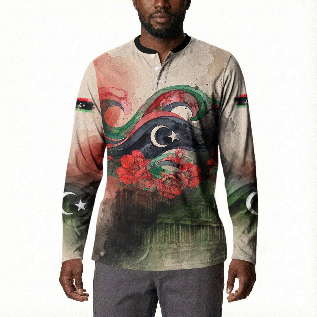 Libya Revolution Day Button Sweatshirt Libyan National Pride Watercolor Flag Waves Floral