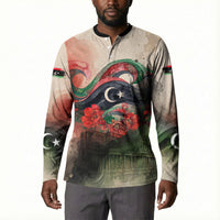 Libya Revolution Day Button Sweatshirt Libyan National Pride Watercolor Flag Waves Floral