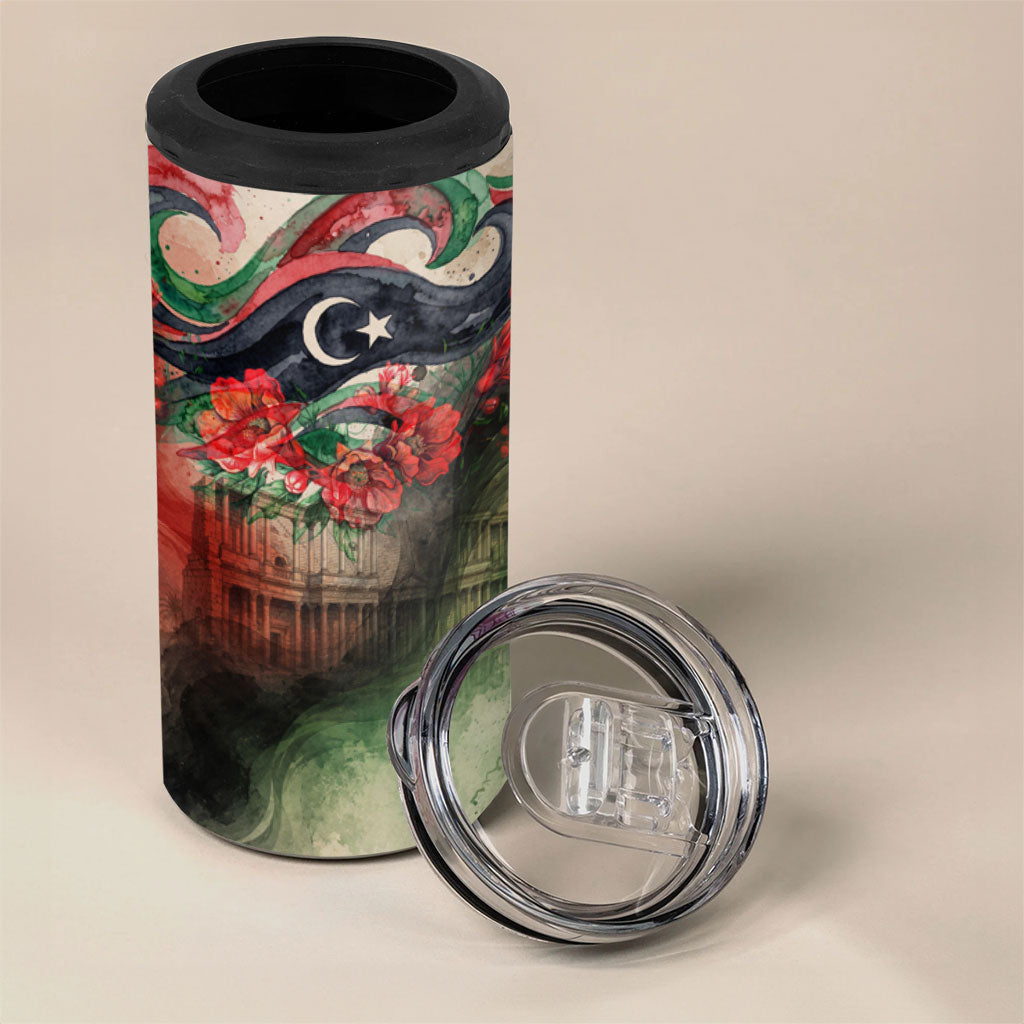 Libya Revolution Day 4 in 1 Can Cooler Tumbler Libyan National Pride Watercolor Flag Waves Floral