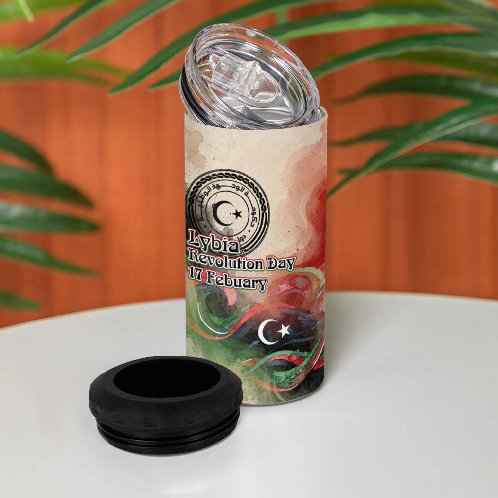 Libya Revolution Day 4 in 1 Can Cooler Tumbler Libyan National Pride Watercolor Flag Waves Floral
