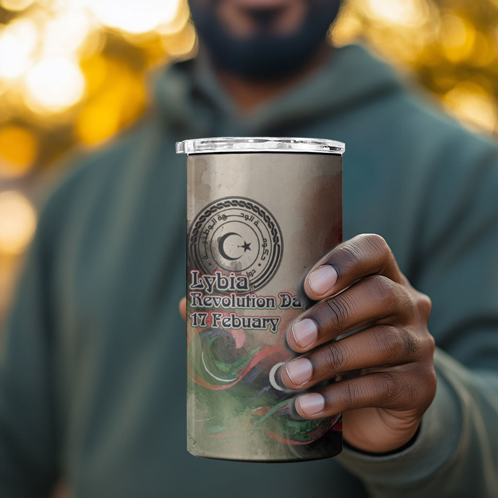 Libya Revolution Day 4 in 1 Can Cooler Tumbler Libyan National Pride Watercolor Flag Waves Floral