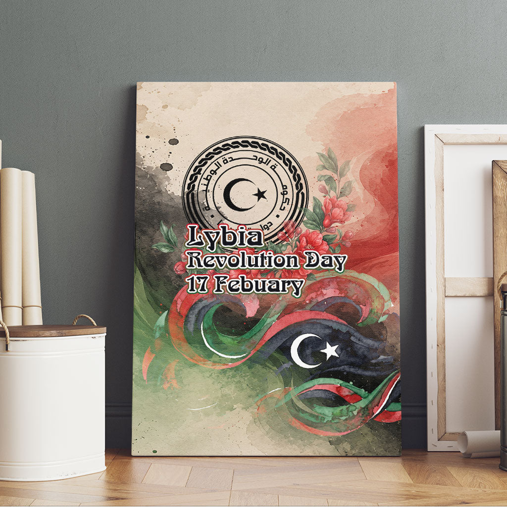 Libya Revolution Day Canvas Wall Art Libyan National Pride Watercolor Flag Waves Floral