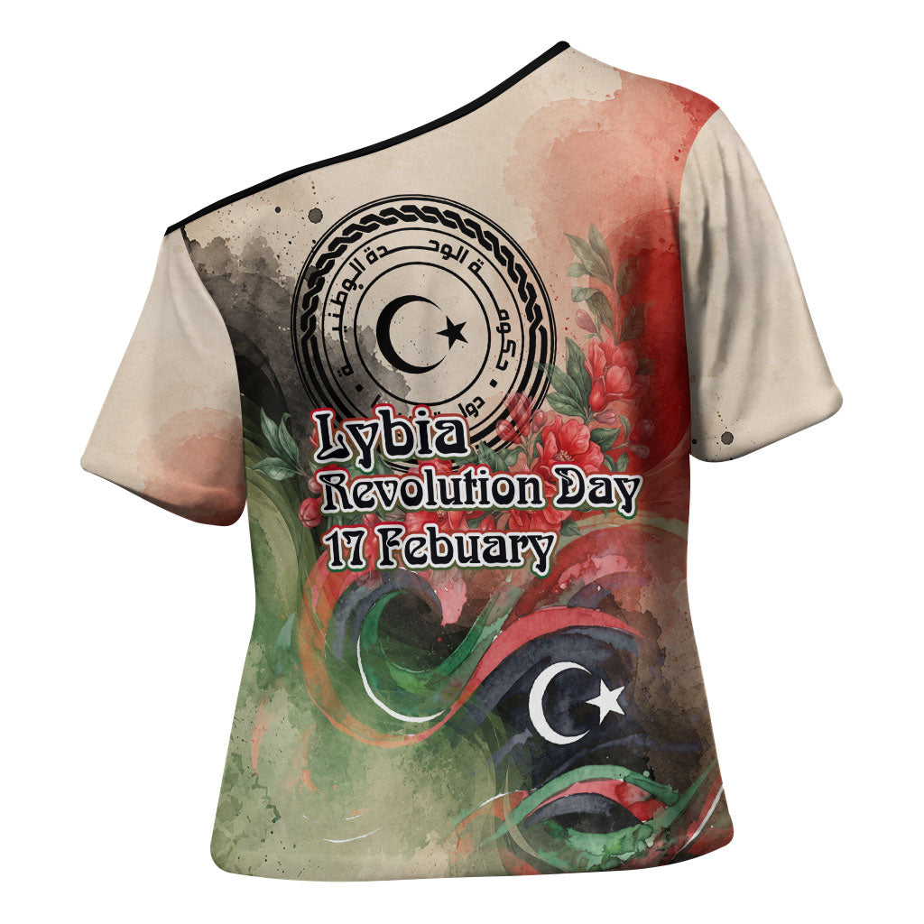 Libya Revolution Day Cross Shoulder Shirt Libyan National Pride Watercolor Flag Waves Floral