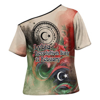 Libya Revolution Day Cross Shoulder Shirt Libyan National Pride Watercolor Flag Waves Floral