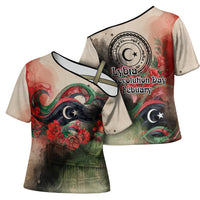 Libya Revolution Day Cross Shoulder Shirt Libyan National Pride Watercolor Flag Waves Floral
