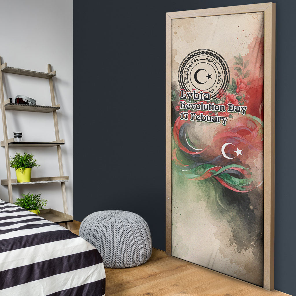 Libya Revolution Day Door Cover Libyan National Pride Watercolor Flag Waves Floral