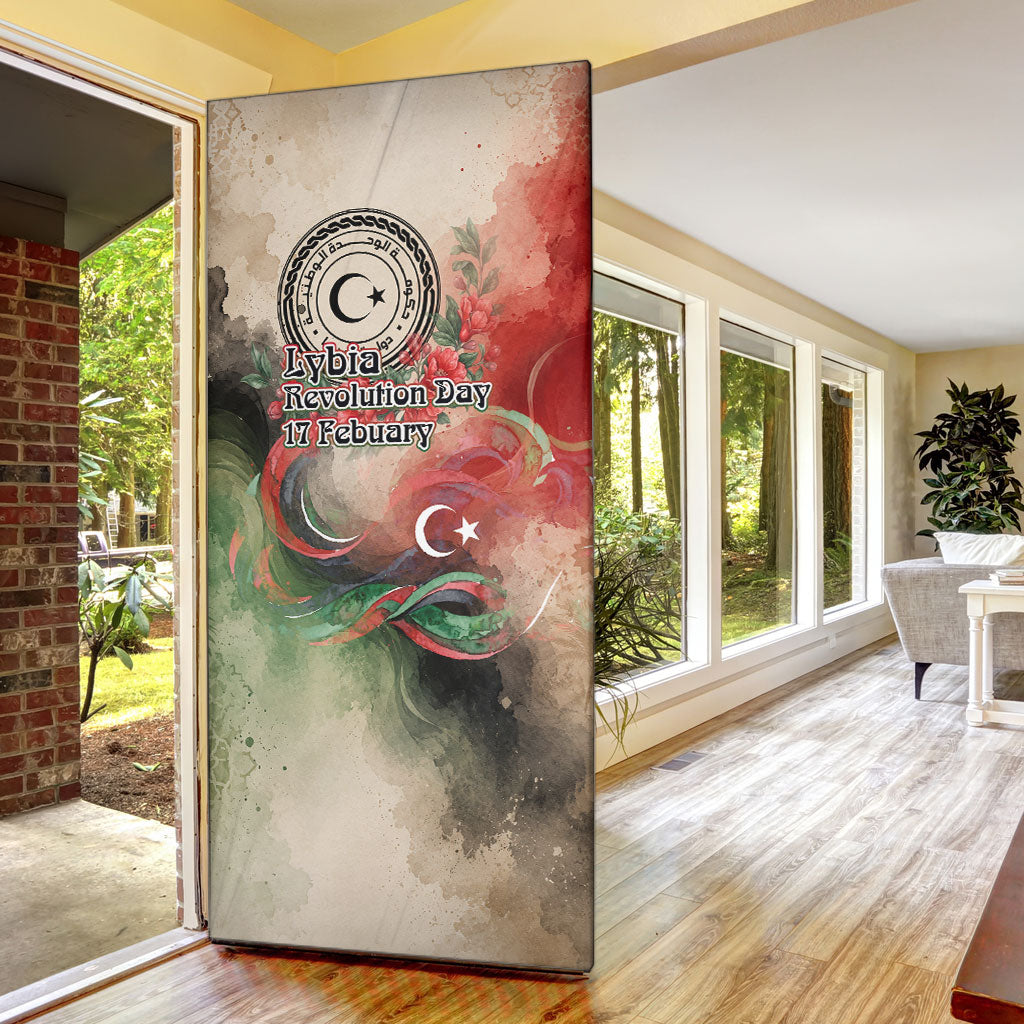 Libya Revolution Day Door Cover Libyan National Pride Watercolor Flag Waves Floral