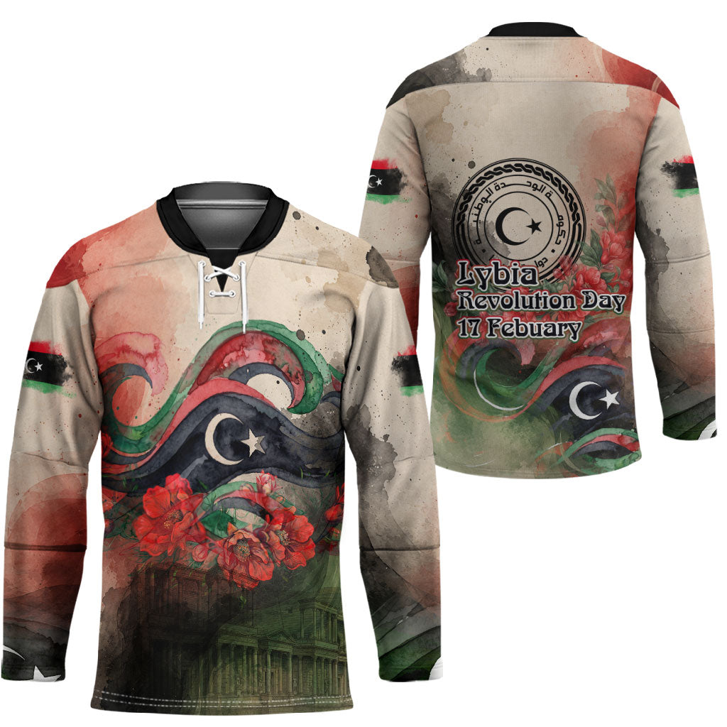Libya Revolution Day Hockey Jersey Libyan National Pride Watercolor Flag Waves Floral
