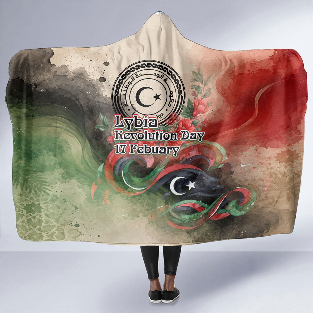 Libya Revolution Day Hooded Blanket Libyan National Pride Watercolor Flag Waves Floral