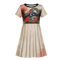 Libya Revolution Day Kid Short Sleeve Dress Libyan National Pride Watercolor Flag Waves Floral