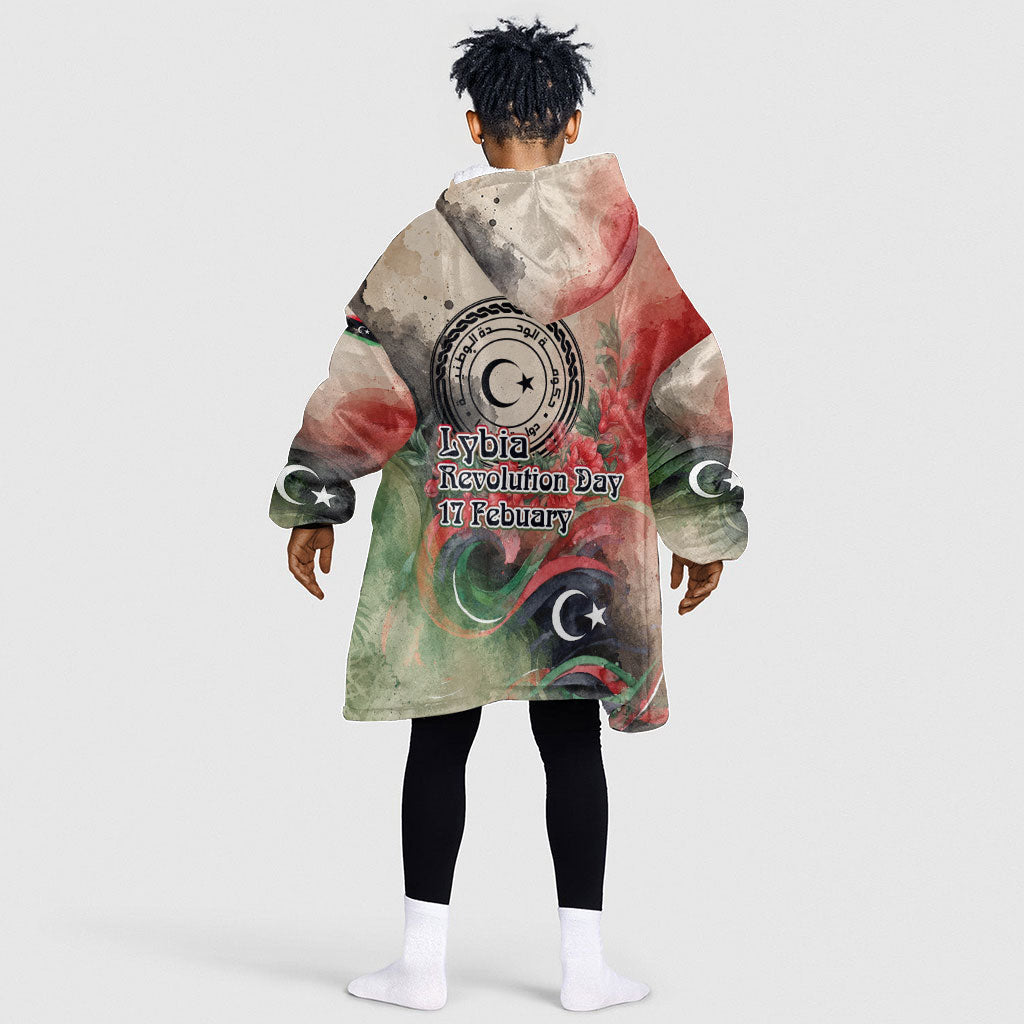 Libya Revolution Day Kid Wearable Blanket Hoodie Libyan National Pride Watercolor Flag Waves Floral
