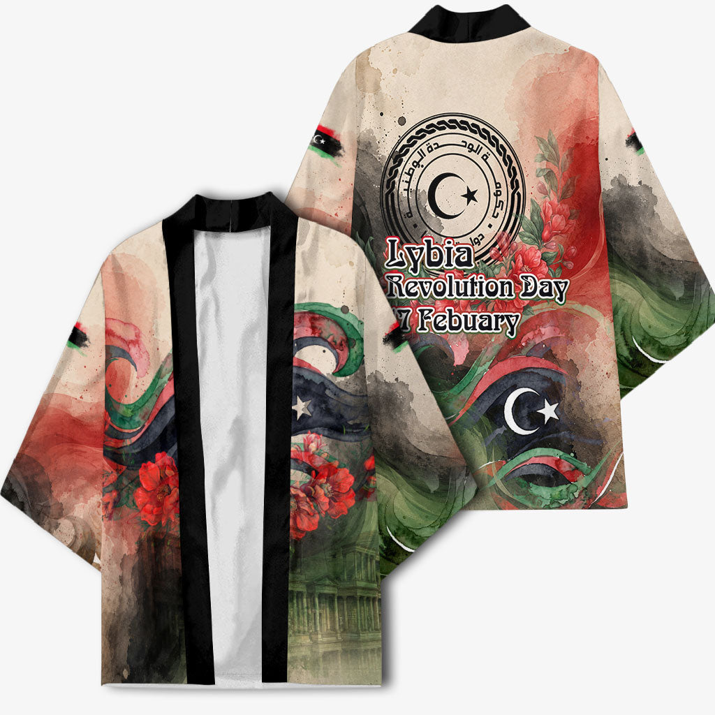 Libya Revolution Day Kimono Libyan National Pride Watercolor Flag Waves Floral