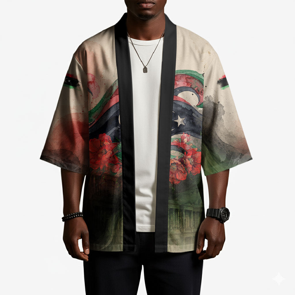 Libya Revolution Day Kimono Libyan National Pride Watercolor Flag Waves Floral