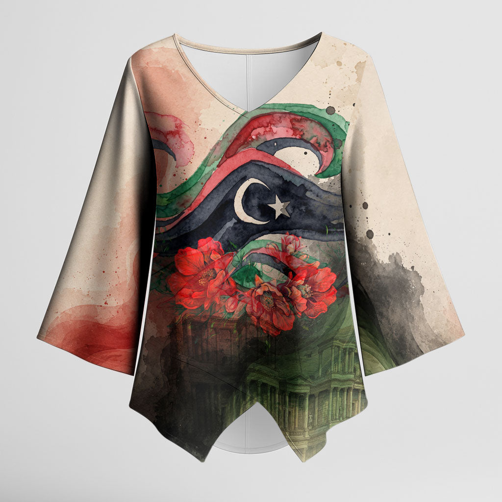 Libya Revolution Day Kimono Sleeve Blouse Libyan National Pride Watercolor Flag Waves Floral