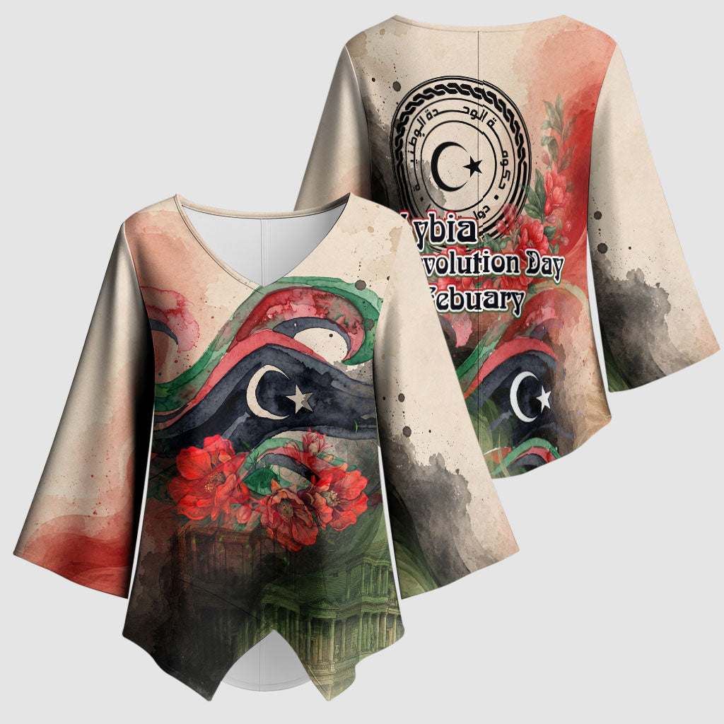 Libya Revolution Day Kimono Sleeve Blouse Libyan National Pride Watercolor Flag Waves Floral