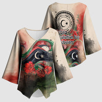Libya Revolution Day Kimono Sleeve Blouse Libyan National Pride Watercolor Flag Waves Floral
