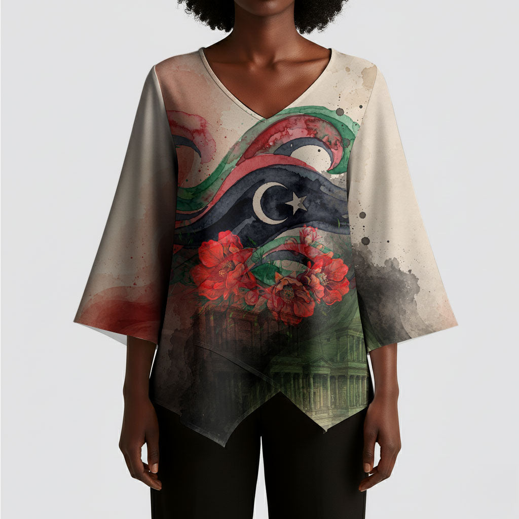 Libya Revolution Day Kimono Sleeve Blouse Libyan National Pride Watercolor Flag Waves Floral