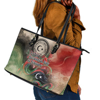 Libya Revolution Day Leather Tote Bag Libyan National Pride Watercolor Flag Waves Floral