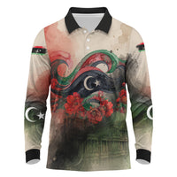 Libya Revolution Day Long Sleeve Polo Shirt Libyan National Pride Watercolor Flag Waves Floral