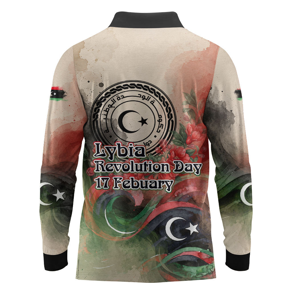Libya Revolution Day Long Sleeve Polo Shirt Libyan National Pride Watercolor Flag Waves Floral