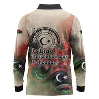 Libya Revolution Day Long Sleeve Polo Shirt Libyan National Pride Watercolor Flag Waves Floral