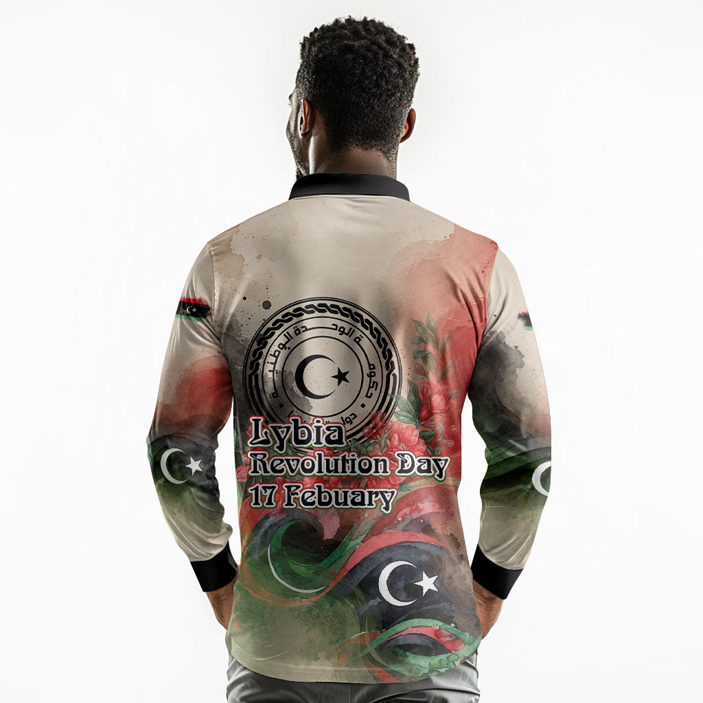 Libya Revolution Day Long Sleeve Polo Shirt Libyan National Pride Watercolor Flag Waves Floral